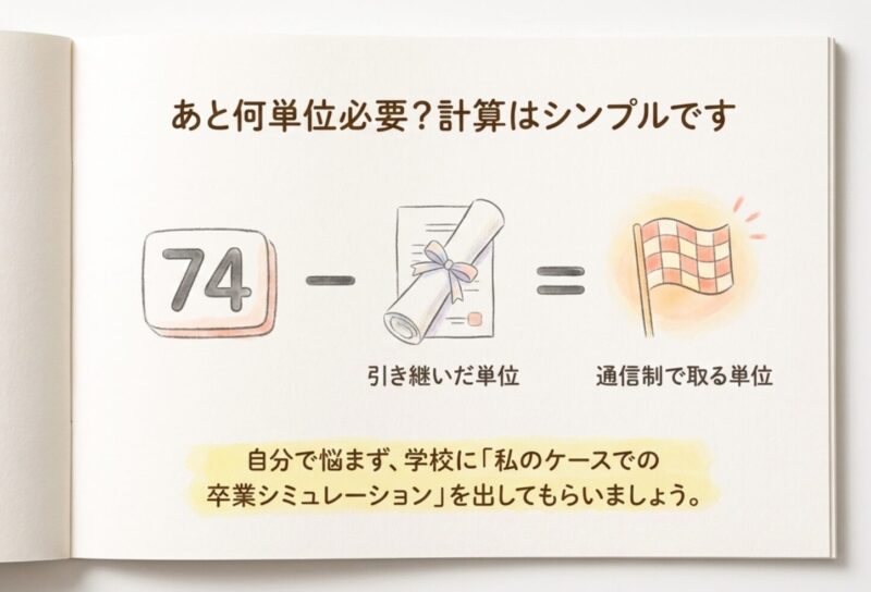 74単位 ー 引き継ぎ認定された単位数 ＝ 転入後に取るべき単位数